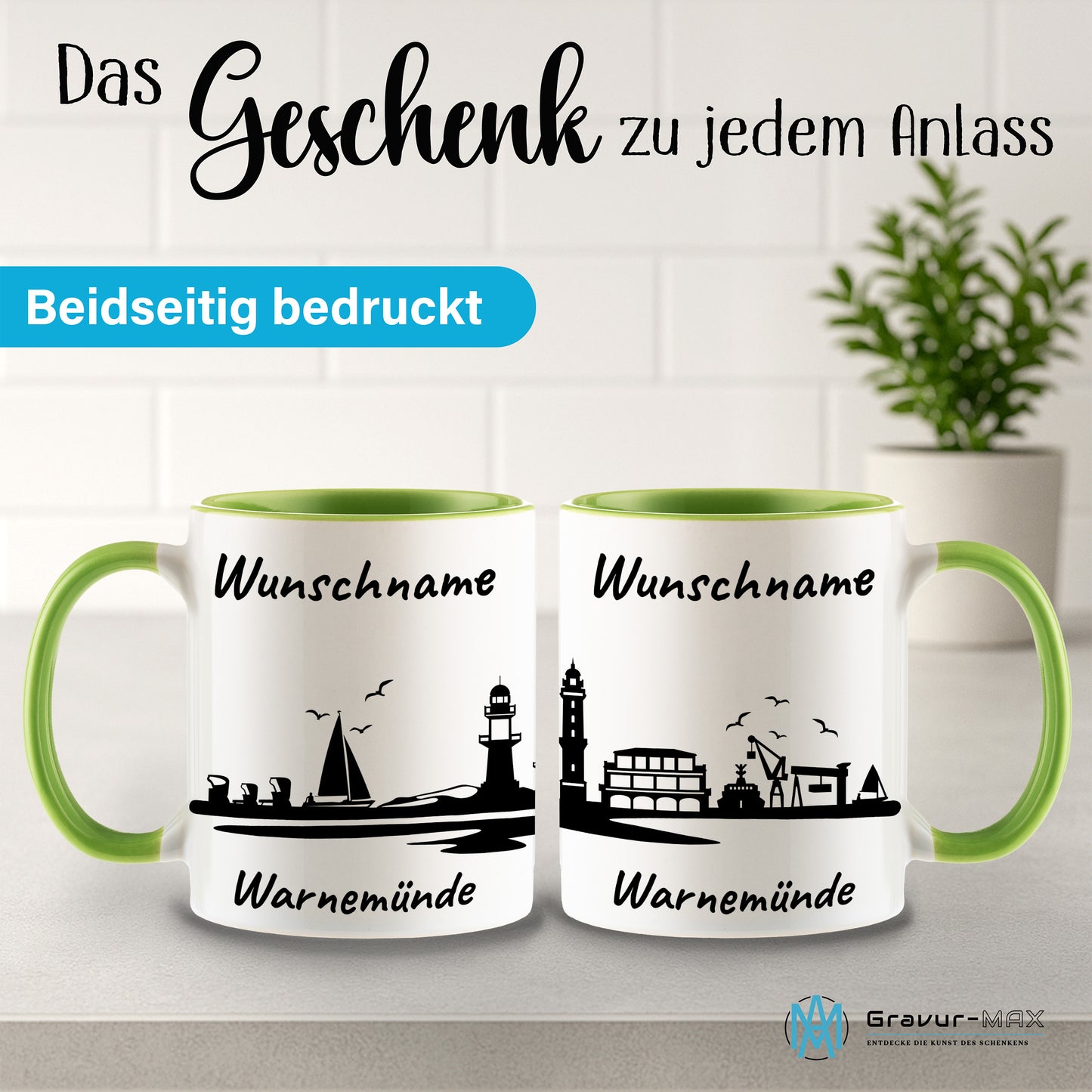 Tasse in Hellgrün 330ml bedruckt mit der Skyline von Warnemünde personalisierbar mit Wunschname
