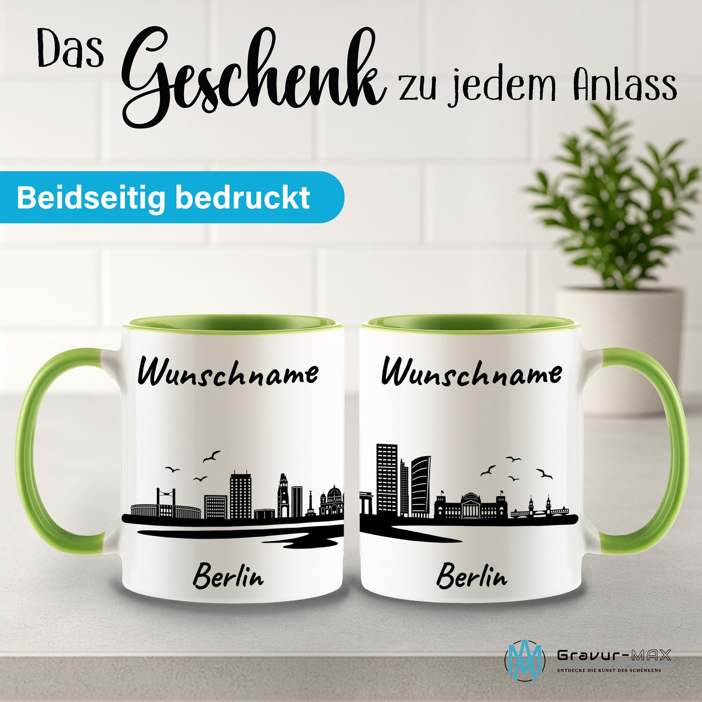 Tasse in Hellgrün 330ml bedruckt mit der Skyline von Berlin personalisierbar mit Wunschname