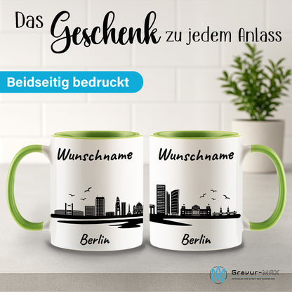 Tasse in Hellgrün 330ml bedruckt mit der Skyline von Berlin personalisierbar mit Wunschname