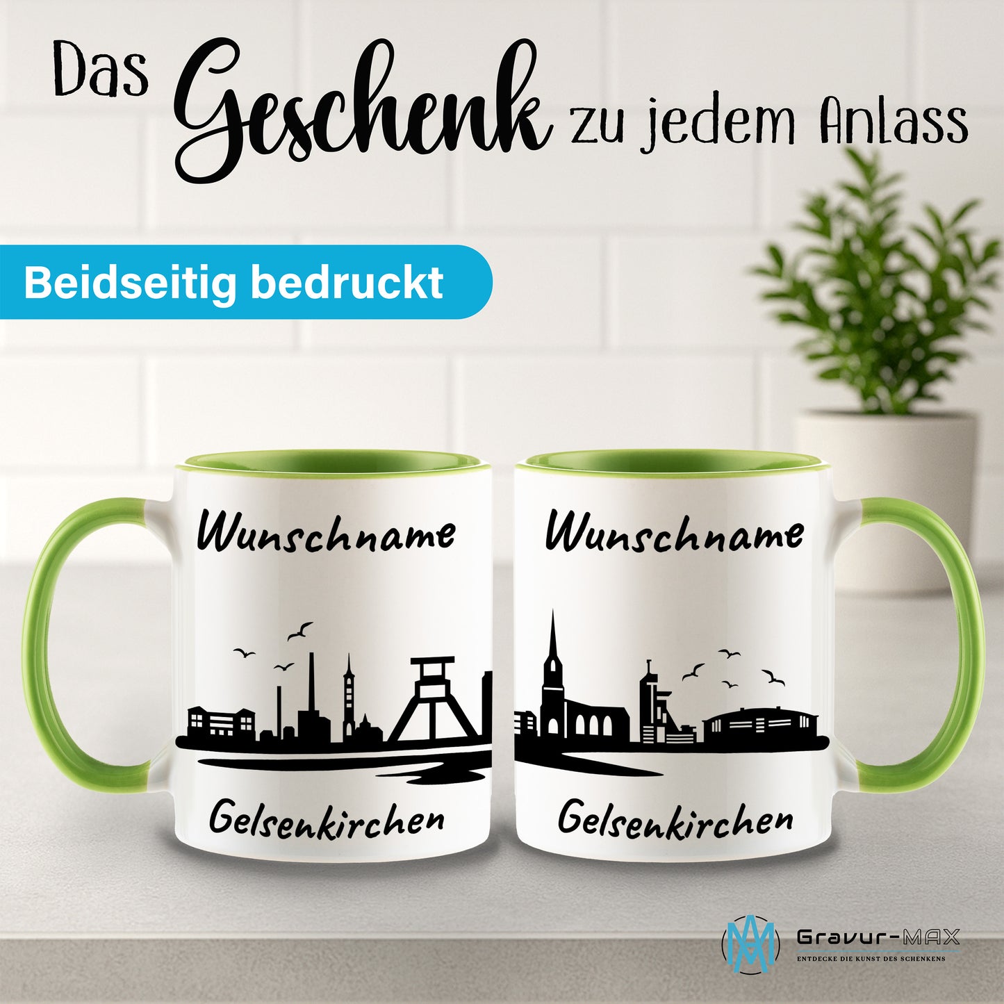 Tasse in Hellgrün 330ml bedruckt mit der Skyline von Gelsenkirchen personalisierbar mit Wunschname