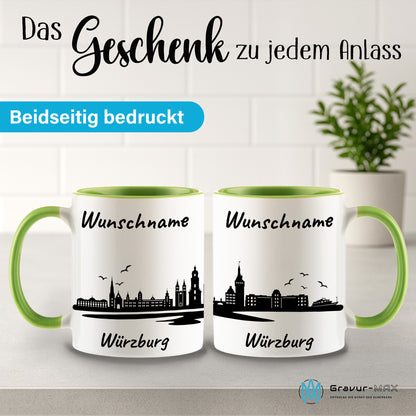 Tasse in Hellgrün 330ml bedruckt mit der Skyline von Würzburg personalisierbar mit Wunschname