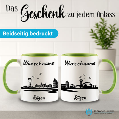Tasse in Hellgrün 330ml bedruckt mit der Skyline von Rügen personalisierbar mit Wunschname