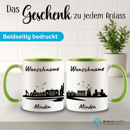 Tasse in Hellgrün 330ml bedruckt mit der Skyline von Minden personalisierbar mit Wunschname