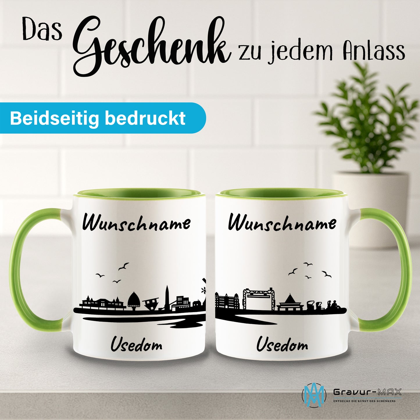 Tasse in Hellgrün 330ml bedruckt mit der Skyline von Usedom personalisierbar mit Wunschname