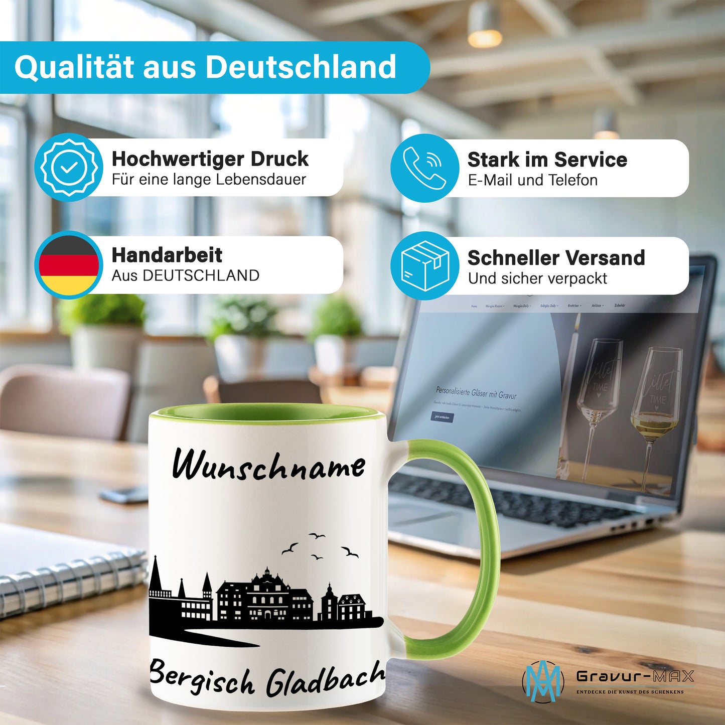 Tasse in Hellgrün 330ml bedruckt mit der Skyline von Bergisch Gladbach personalisierbar mit Wunschname