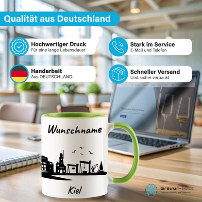 Tasse in Hellgrün 330ml bedruckt mit der Skyline von Kiel personalisierbar mit Wunschname
