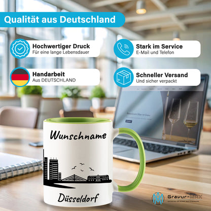 Tasse in Hellgrün 330ml bedruckt mit der Skyline von Düsseldorf personalisierbar mit Wunschname
