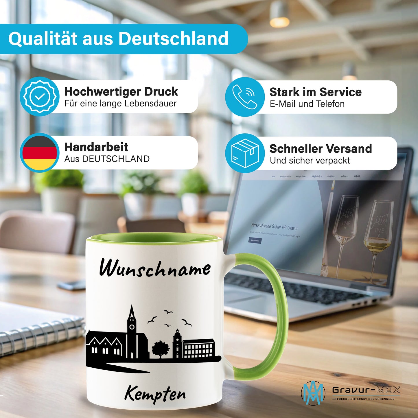 Tasse in Hellgrün 330ml bedruckt mit der Skyline von Kempten personalisierbar mit Wunschname