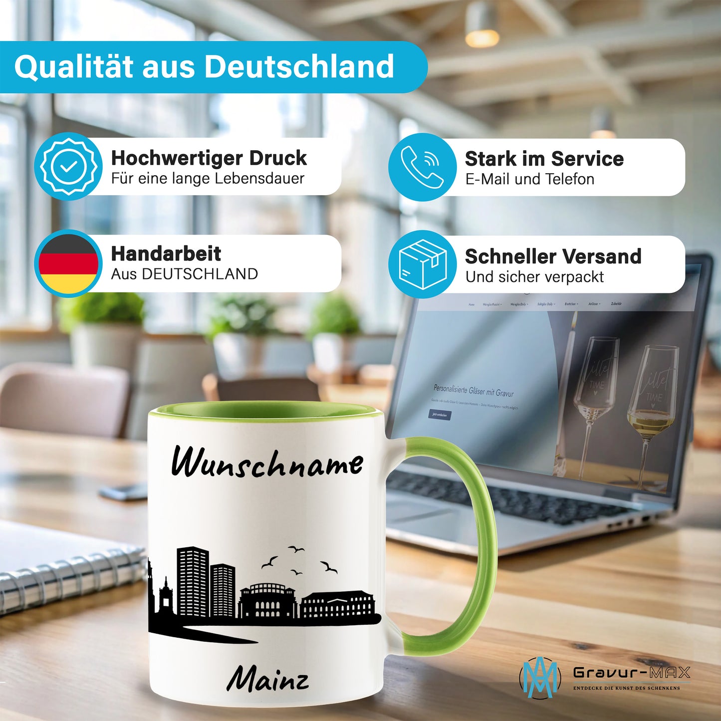 Tasse in Hellgrün 330ml bedruckt mit der Skyline von Mainz personalisierbar mit Wunschname