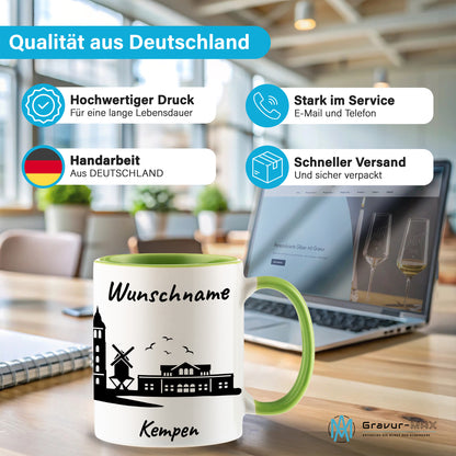 Tasse in Hellgrün 330ml bedruckt mit der Skyline von Kempen personalisierbar mit Wunschname