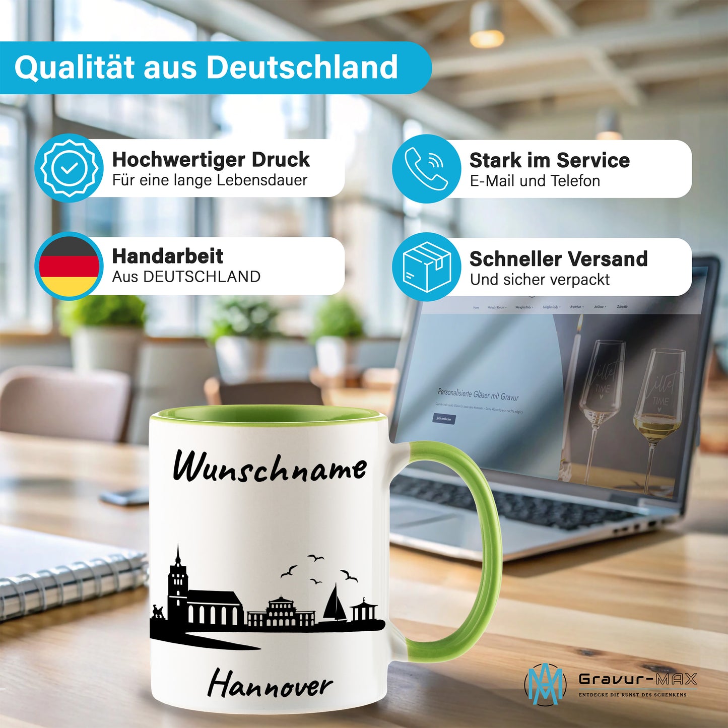 Tasse in Hellgrün 330ml bedruckt mit der Skyline von Hannover personalisierbar mit Wunschname