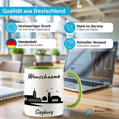 Tasse in Hellgrün 330ml bedruckt mit der Skyline von Siegburg personalisierbar mit Wunschname