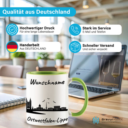 Tasse in Hellgrün 330ml bedruckt mit der Skyline von Ostwestfalen-Lippe personalisierbar mit Wunschname