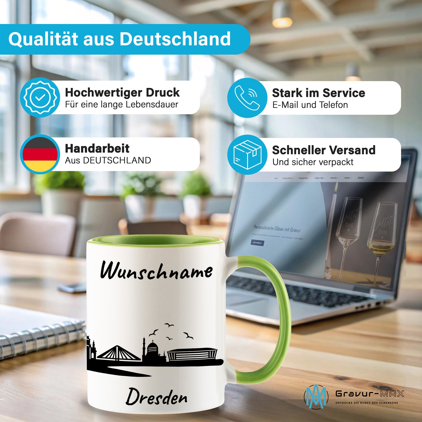 Tasse in Hellgrün 330ml bedruckt mit der Skyline von Dresden personalisierbar mit Wunschname