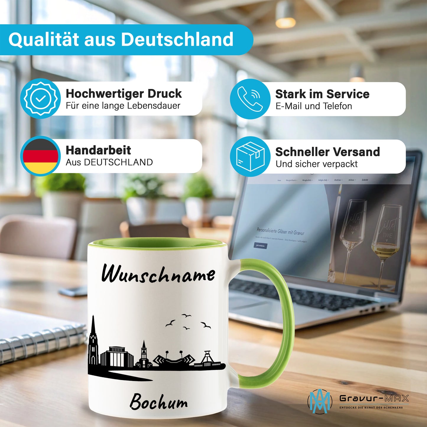 Tasse in Hellgrün 330ml bedruckt mit der Skyline von Bochum personalisierbar mit Wunschname