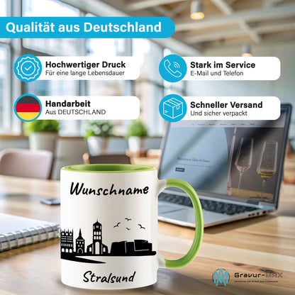 Tasse in Hellgrün 330ml bedruckt mit der Skyline von Stralsund personalisierbar mit Wunschname