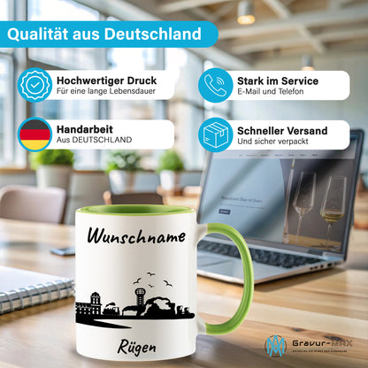 Tasse in Hellgrün 330ml bedruckt mit der Skyline von Rügen personalisierbar mit Wunschname