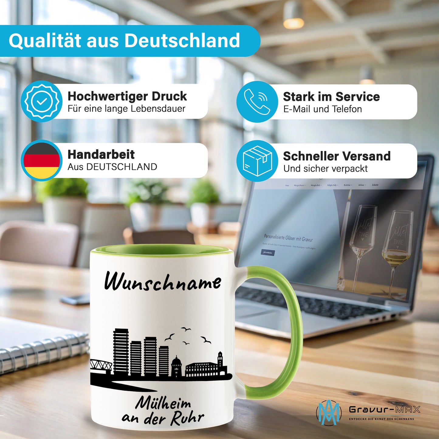 Tasse in Hellgrün 330ml bedruckt mit der Skyline von Mülheim an der Ruhr personalisierbar mit Wunschname