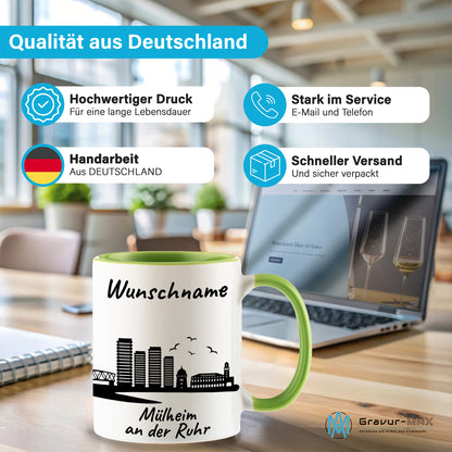 Tasse in Hellgrün 330ml bedruckt mit der Skyline von Mülheim an der Ruhr personalisierbar mit Wunschname