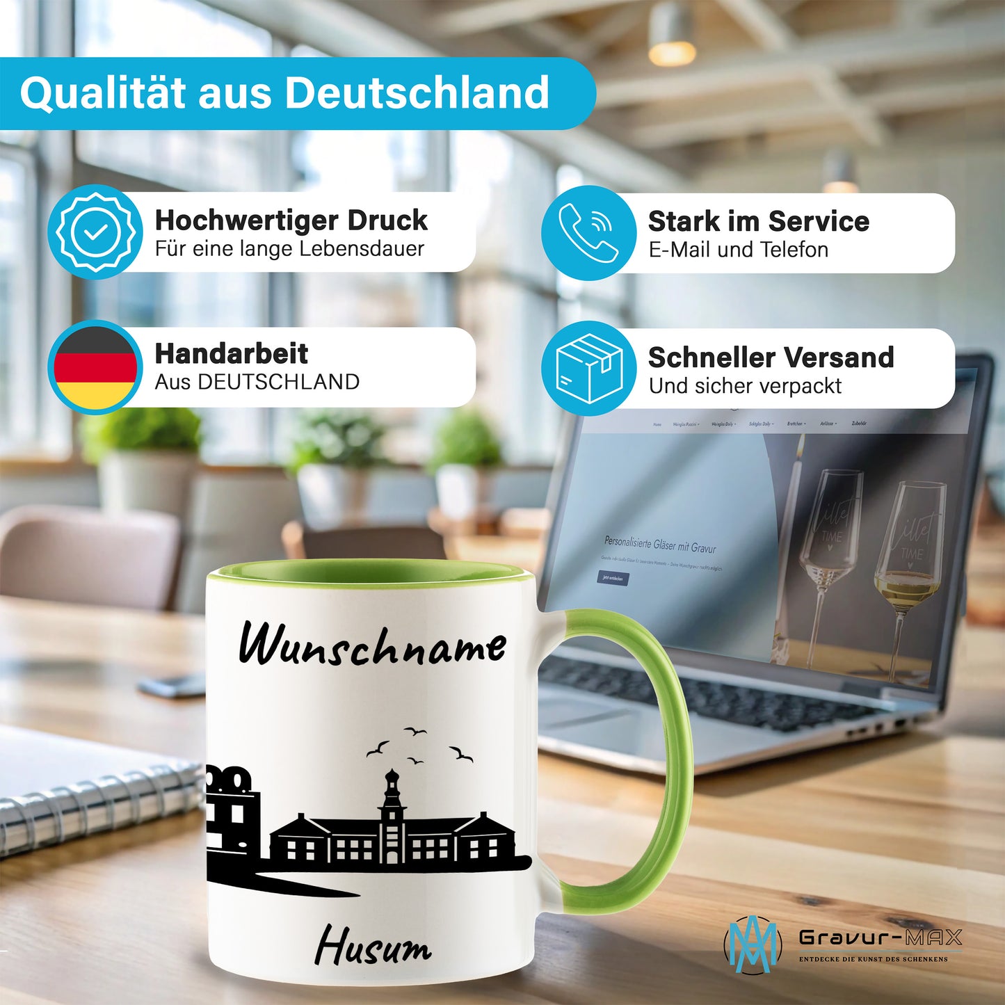 Tasse in Hellgrün 330ml bedruckt mit der Skyline von Husum personalisierbar mit Wunschname