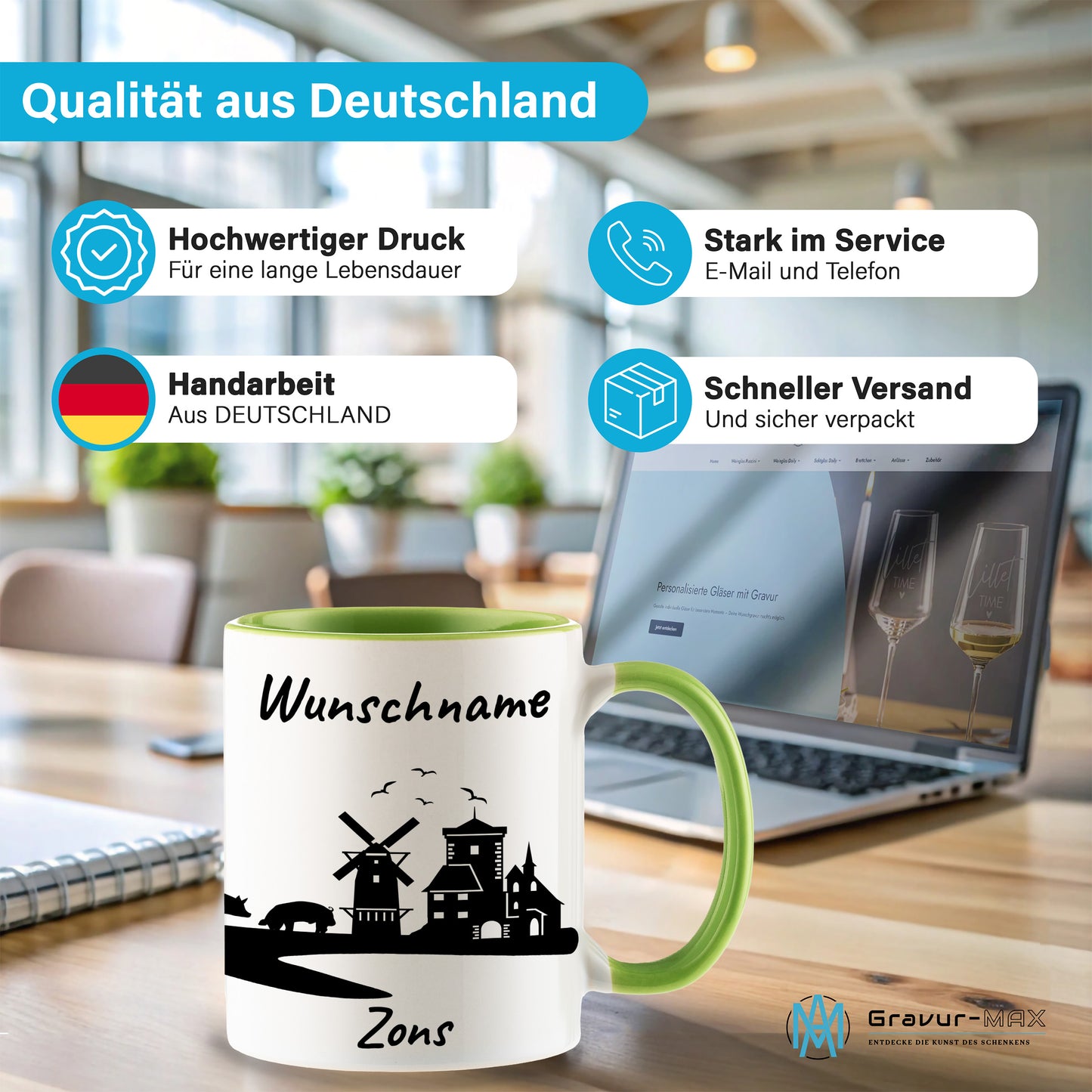 Tasse in Hellgrün 330ml bedruckt mit der Skyline von Zons (Dormagen) personalisierbar mit Wunschname