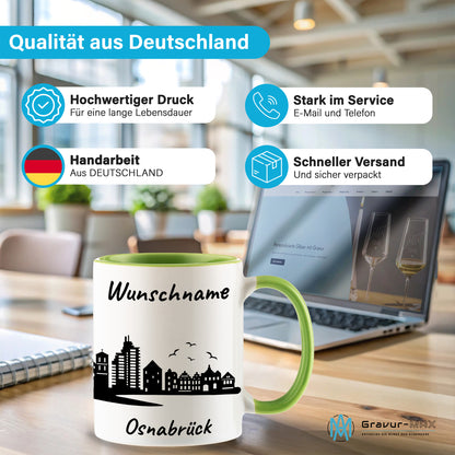 Tasse in Hellgrün 330ml bedruckt mit der Skyline von Osnabrück personalisierbar mit Wunschname