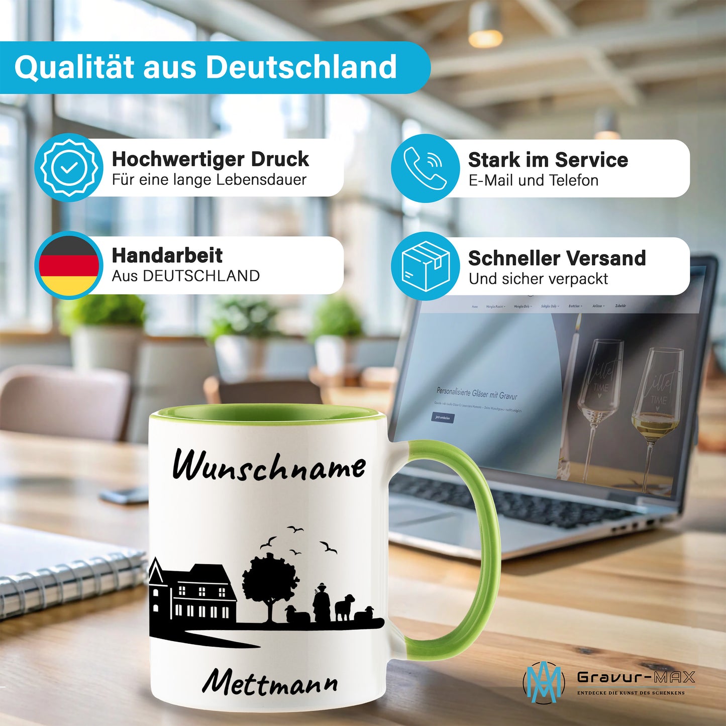 Tasse in Hellgrün 330ml bedruckt mit der Skyline von Mettmann personalisierbar mit Wunschname