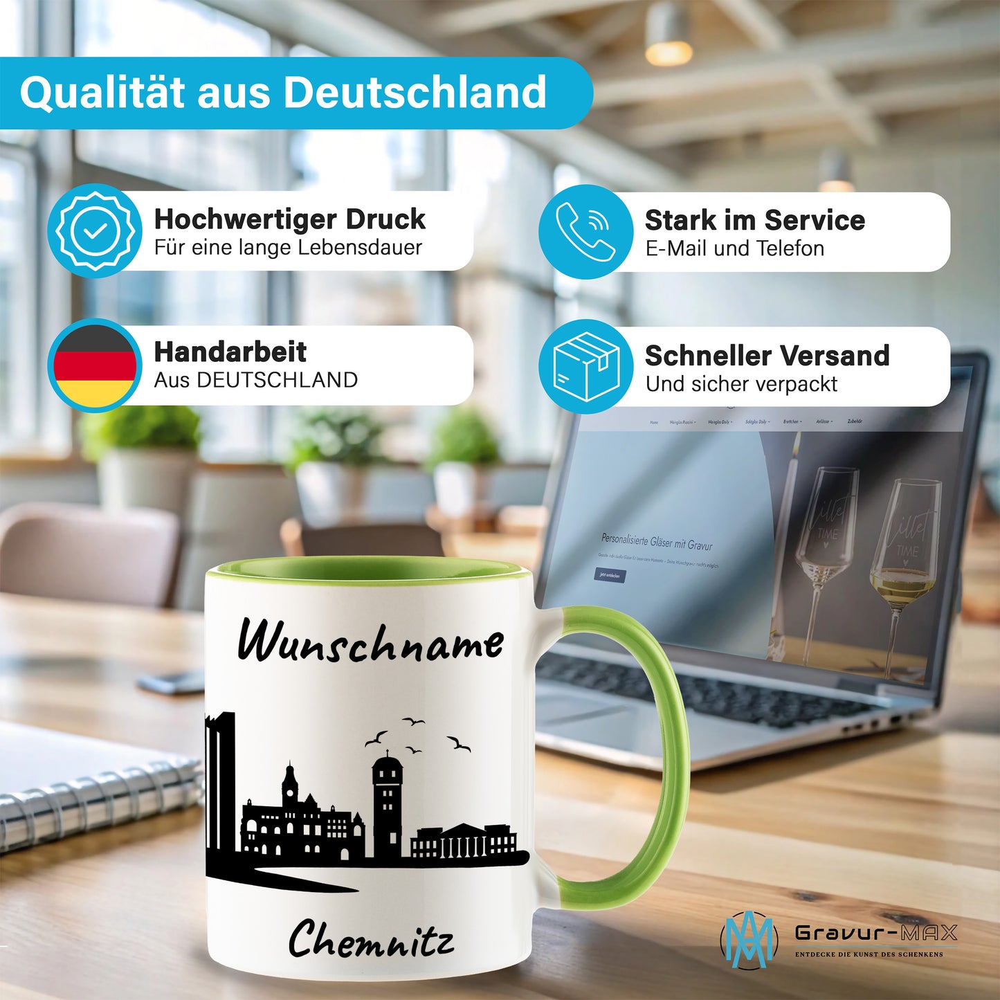 Tasse in Hellgrün 330ml bedruckt mit der Skyline von Chemnitz personalisierbar mit Wunschname