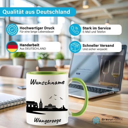 Tasse in Hellgrün 330ml bedruckt mit der Skyline von Wangerooge personalisierbar mit Wunschname