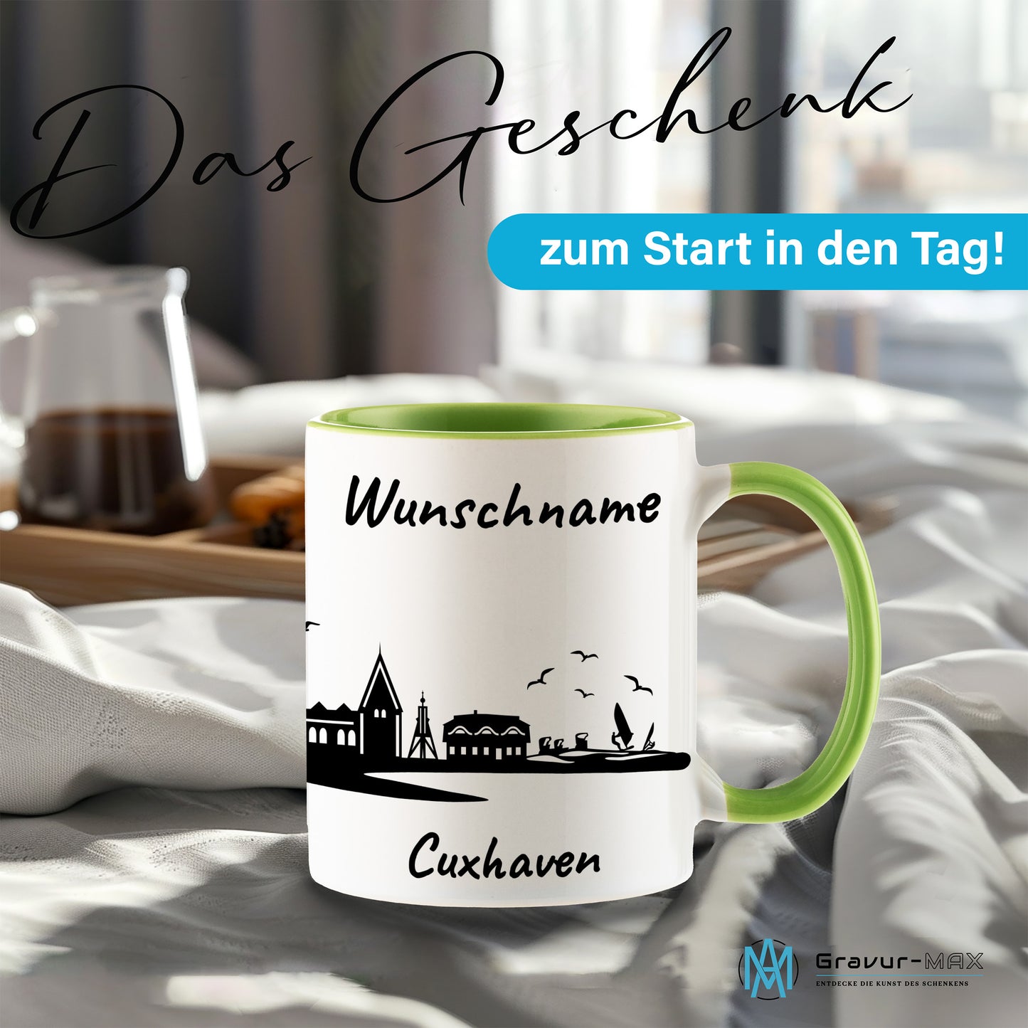 Tasse in Hellgrün 330ml bedruckt mit der Skyline von Cuxhaven personalisierbar mit Wunschname