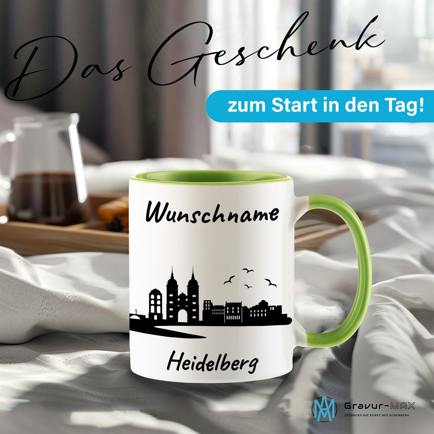 Tasse in Hellgrün 330ml bedruckt mit der Skyline von Heidelberg personalisierbar mit Wunschname