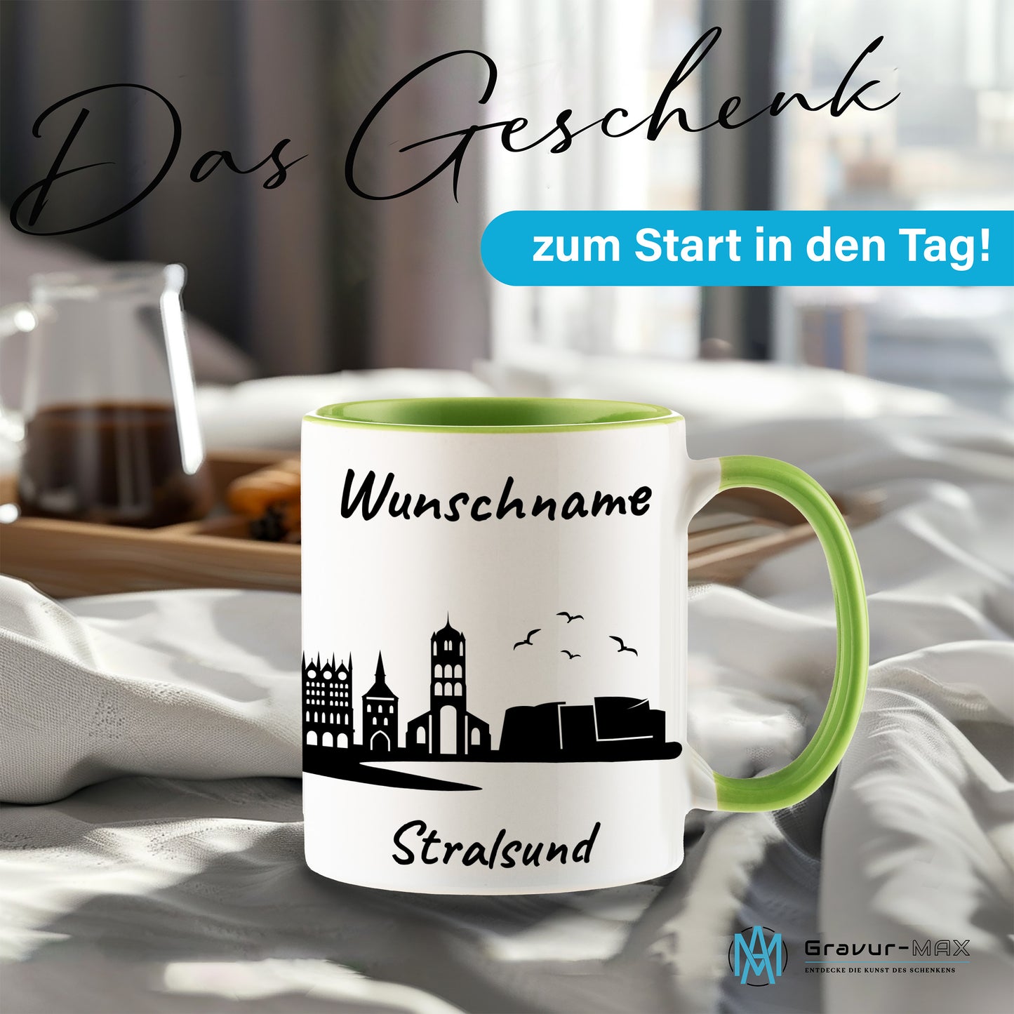 Tasse in Hellgrün 330ml bedruckt mit der Skyline von Stralsund personalisierbar mit Wunschname