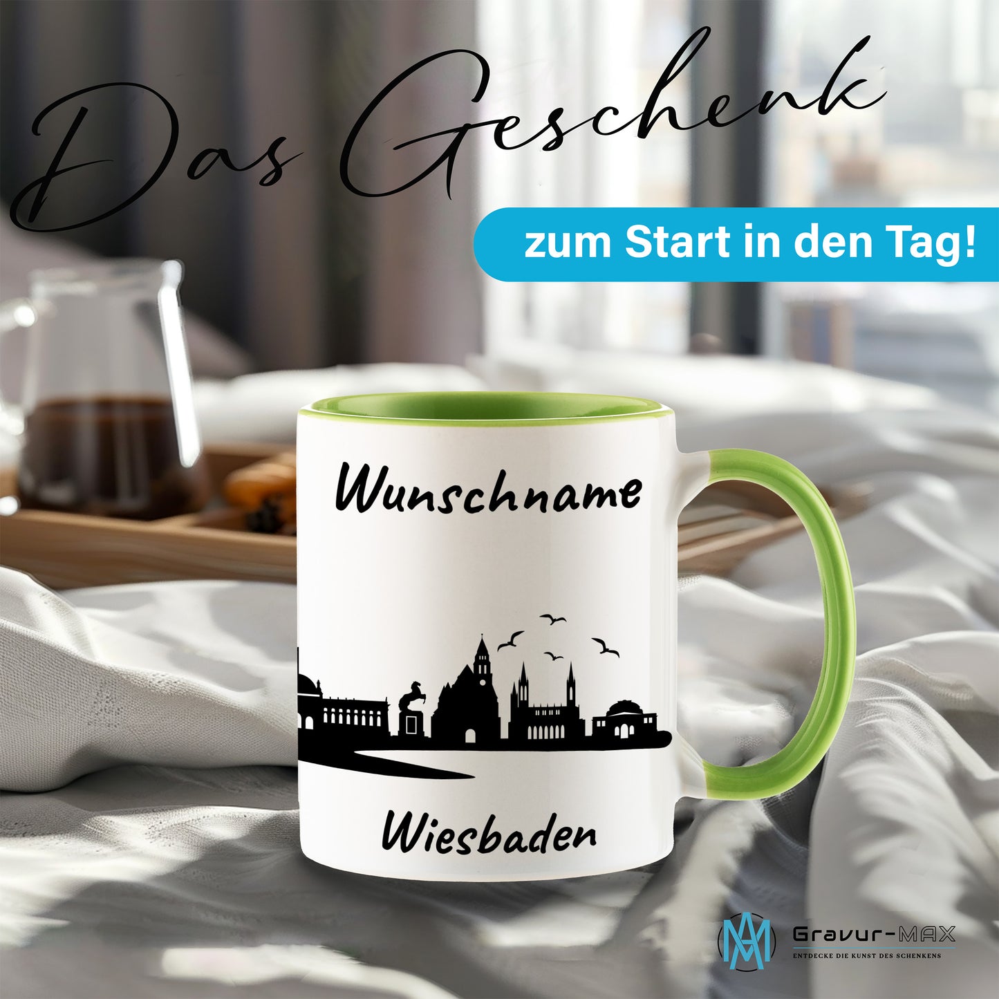 Tasse in Hellgrün 330ml bedruckt mit der Skyline von Wiesbaden personalisierbar mit Wunschname