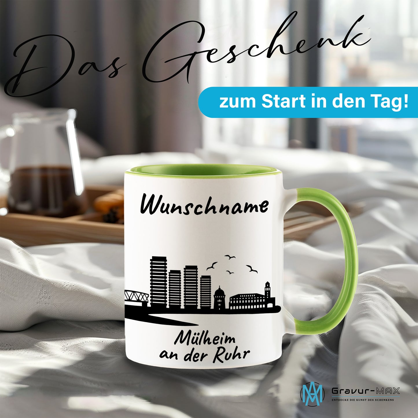 Tasse in Hellgrün 330ml bedruckt mit der Skyline von Mülheim an der Ruhr personalisierbar mit Wunschname