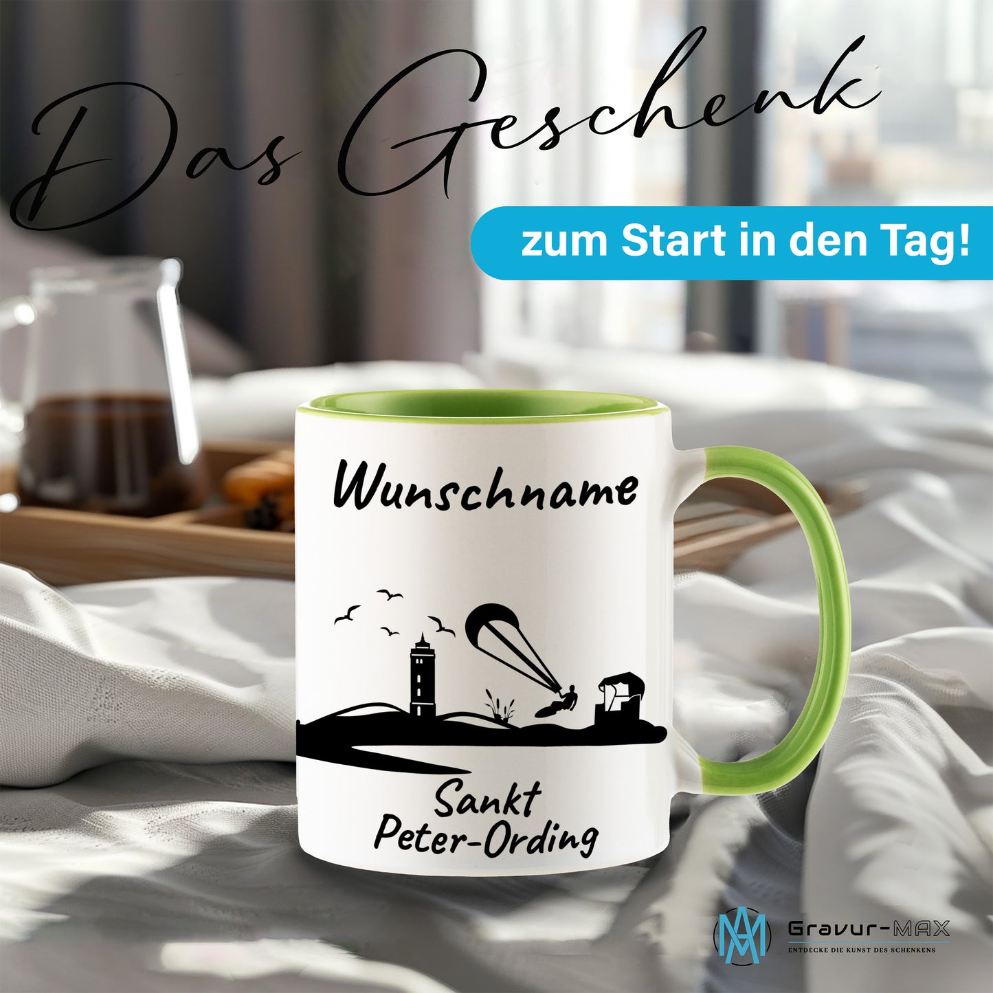 Tasse in Hellgrün 330ml bedruckt mit der Skyline von Sankt Peter-Ording personalisierbar mit Wunschname