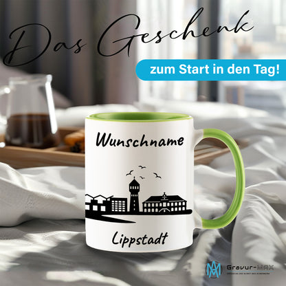Tasse in Hellgrün 330ml bedruckt mit der Skyline von Lippstadt personalisierbar mit Wunschname