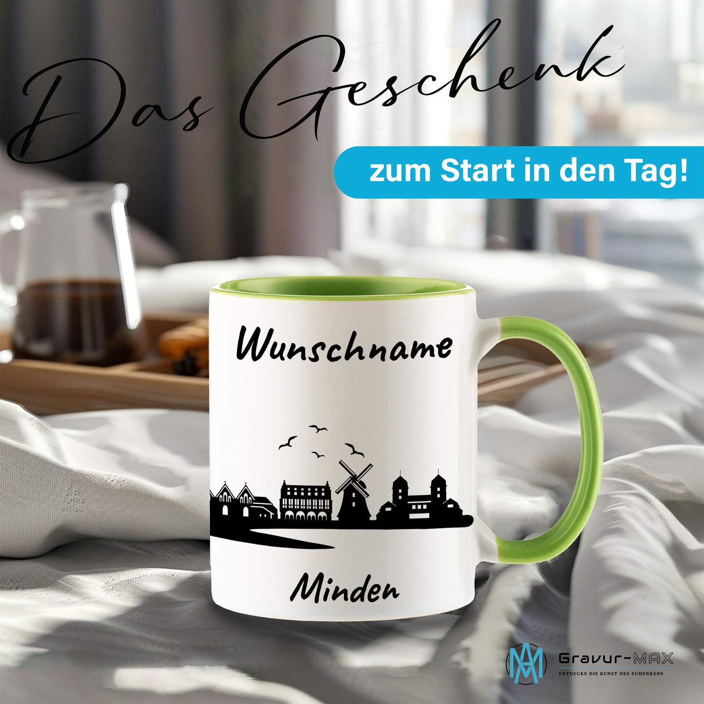 Tasse in Hellgrün 330ml bedruckt mit der Skyline von Minden personalisierbar mit Wunschname