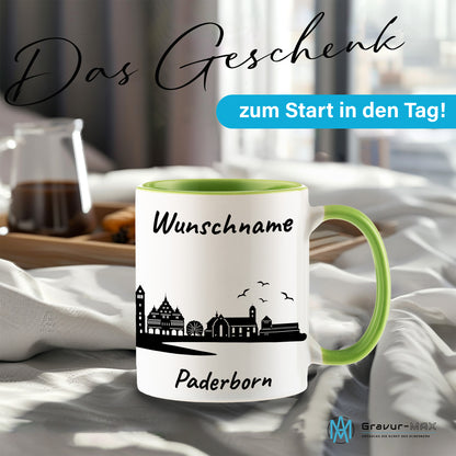 Tasse in Hellgrün 330ml bedruckt mit der Skyline von Paderborn personalisierbar mit Wunschname
