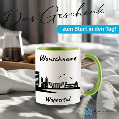 Tasse in Hellgrün 330ml bedruckt mit der Skyline von Wuppertal personalisierbar mit Wunschname