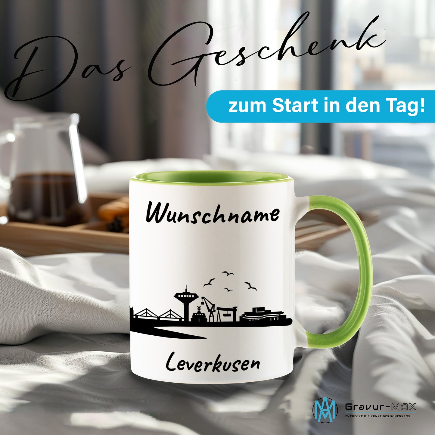 Tasse in Hellgrün 330ml bedruckt mit der Skyline von Leverkusen personalisierbar mit Wunschname