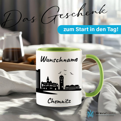 Tasse in Hellgrün 330ml bedruckt mit der Skyline von Chemnitz personalisierbar mit Wunschname