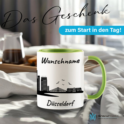 Tasse in Hellgrün 330ml bedruckt mit der Skyline von Düsseldorf personalisierbar mit Wunschname