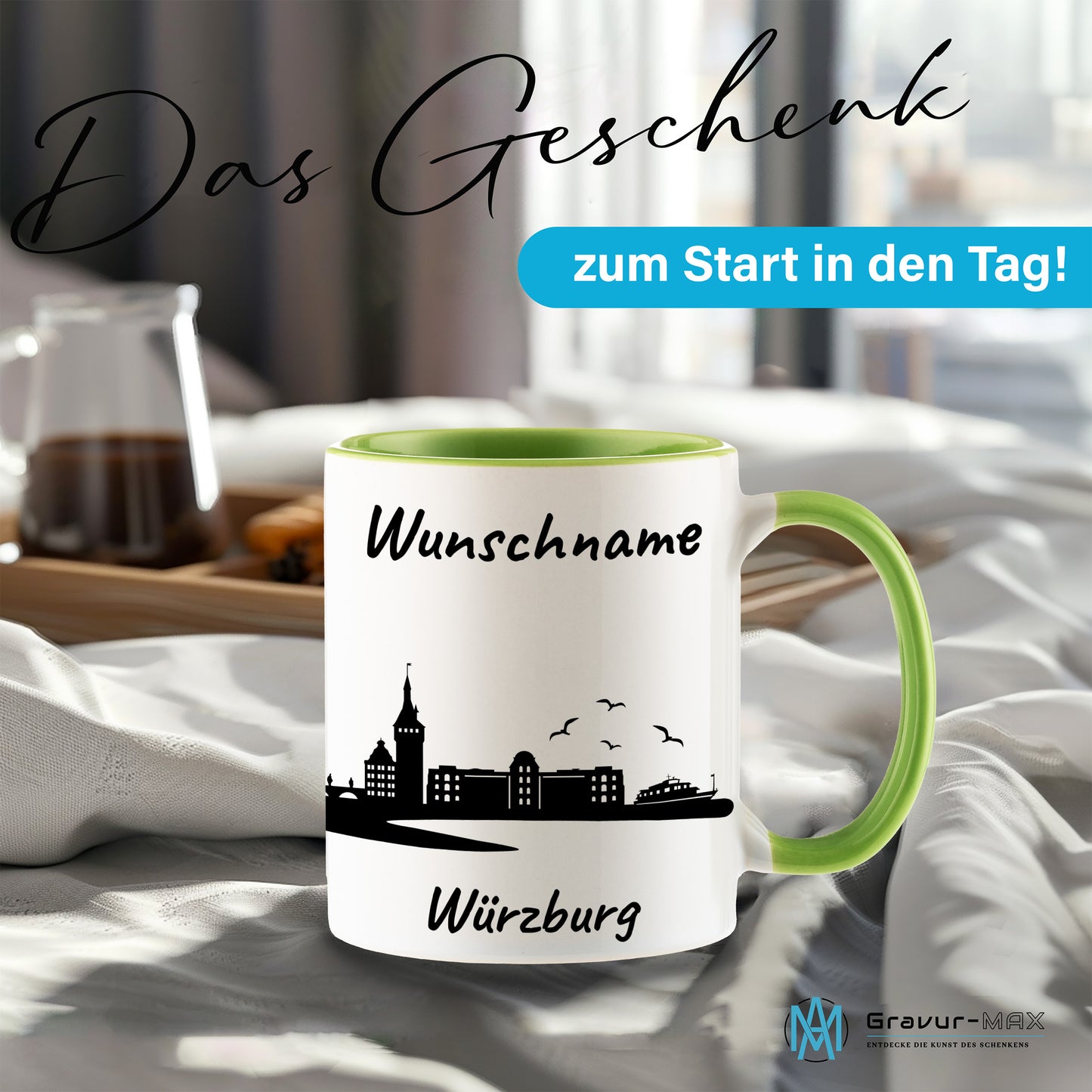 Tasse in Hellgrün 330ml bedruckt mit der Skyline von Würzburg personalisierbar mit Wunschname