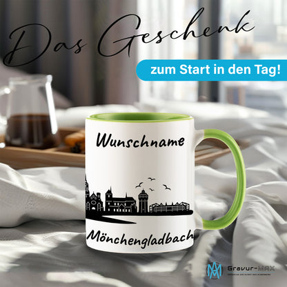 Tasse in Hellgrün 330ml bedruckt mit der Skyline von Mönchengladbach personalisierbar mit Wunschname