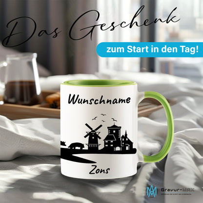 Tasse in Hellgrün 330ml bedruckt mit der Skyline von Zons (Dormagen) personalisierbar mit Wunschname