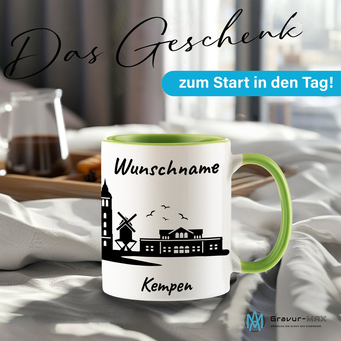 Tasse in Hellgrün 330ml bedruckt mit der Skyline von Kempen personalisierbar mit Wunschname