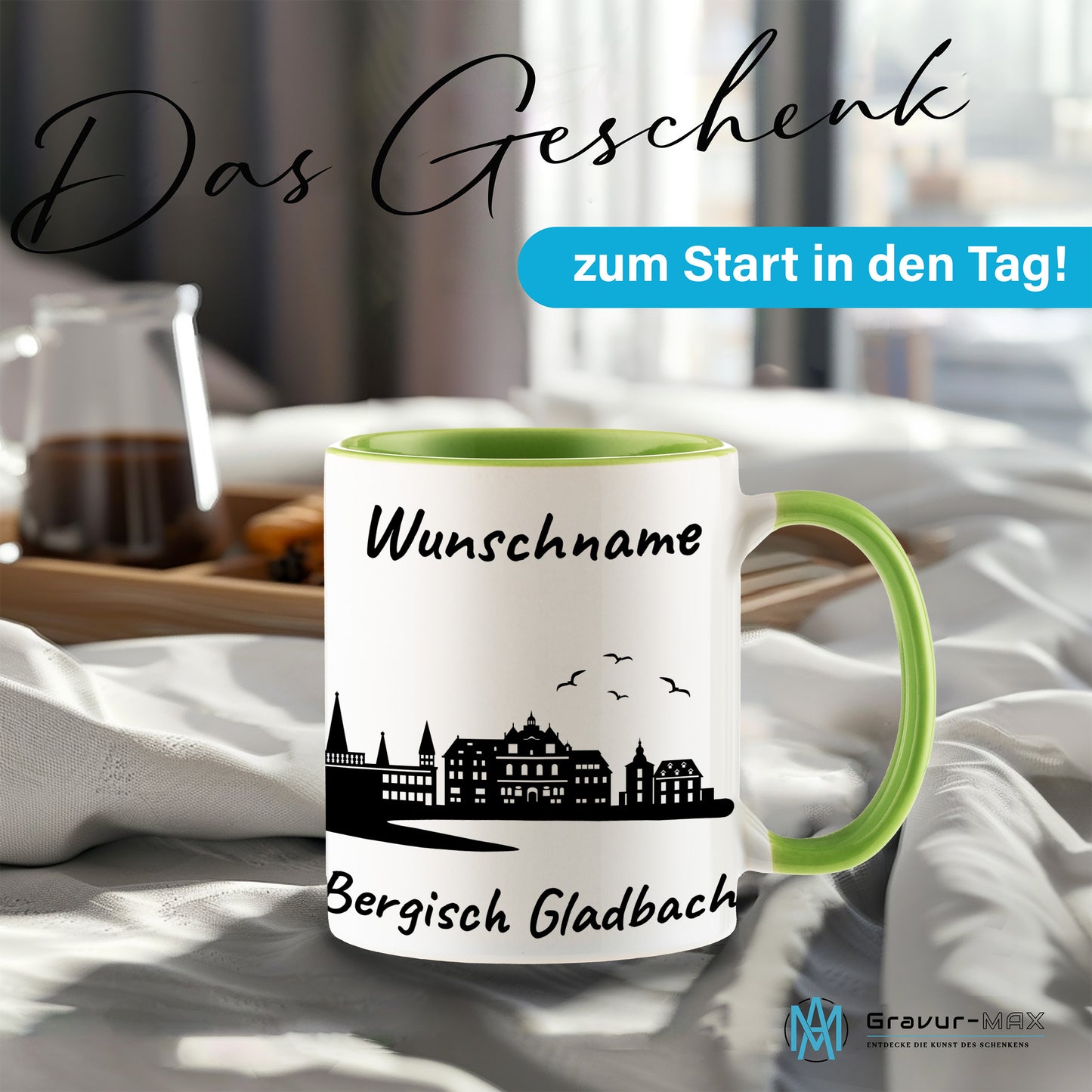 Tasse in Hellgrün 330ml bedruckt mit der Skyline von Bergisch Gladbach personalisierbar mit Wunschname