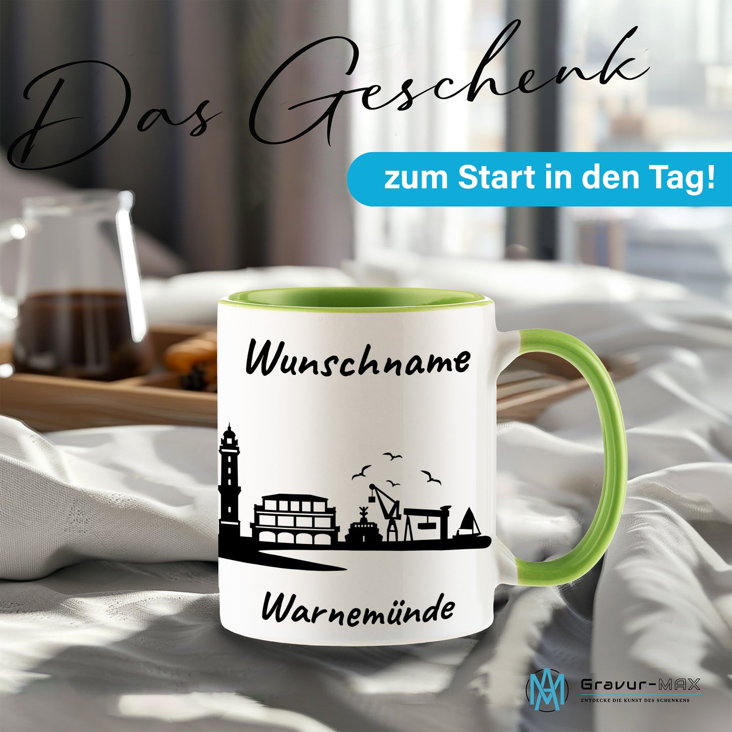 Tasse in Hellgrün 330ml bedruckt mit der Skyline von Warnemünde personalisierbar mit Wunschname