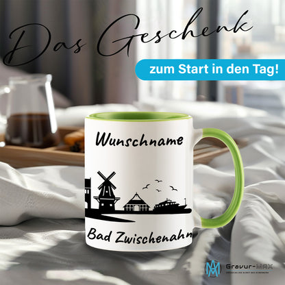 Tasse in Hellgrün 330ml bedruckt mit der Skyline von Bad Zwischenahn personalisierbar mit Wunschname