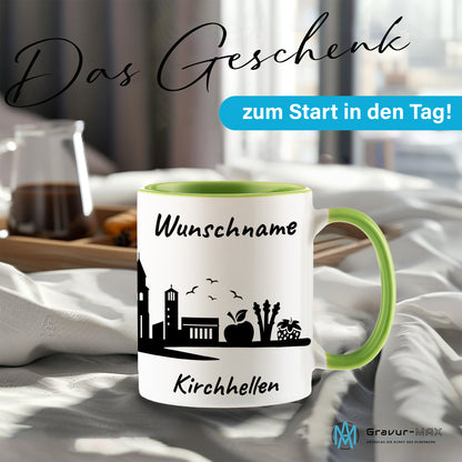 Tasse in Hellgrün 330ml bedruckt mit der Skyline von Kirchhellen personalisierbar mit Wunschname